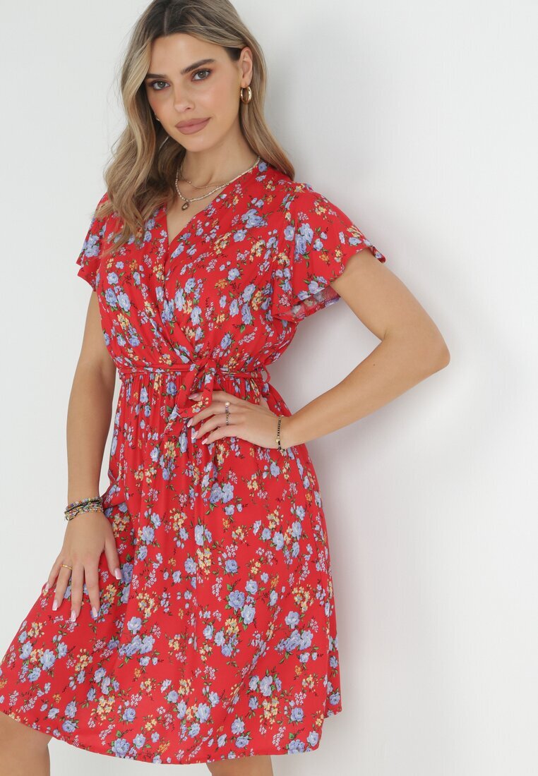 cflo Rochie Roșie Midi din Viscoză cu Elastic în Talie și Mânecă Scurtă Jodys