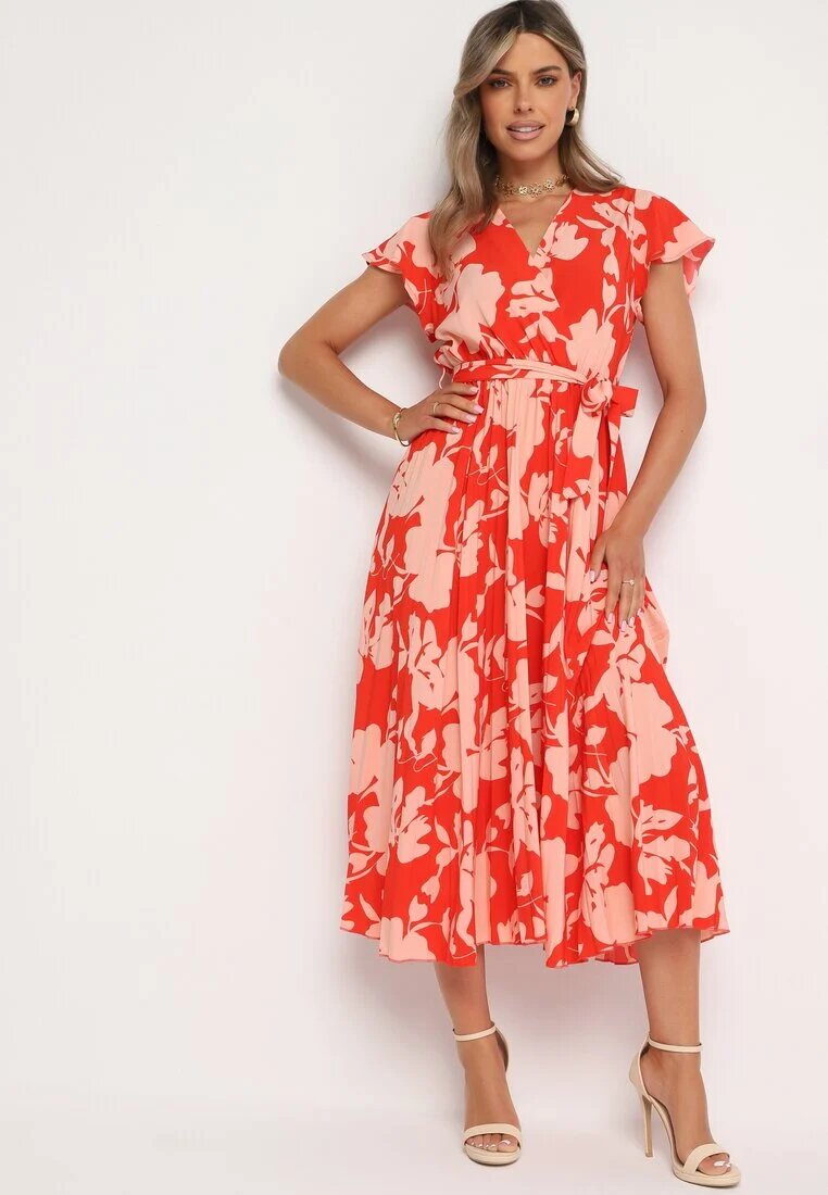 cflo Rochie Roșu-Roz Plisată de Cocktail cu Decolteu Petrecut Curea și Elastic în Talie Anelsea