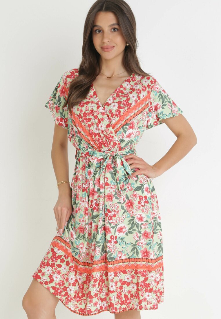 cflo Rochie Roșu-Verde Cloș cu Elastic în Talie Angely