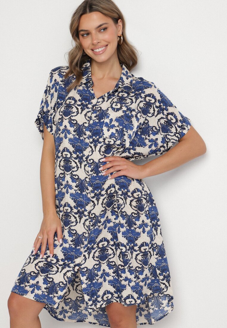 cflo Rochie tip cămașă dreaptă bleumarin din Viscoză cu Imprimeu Ornamental Vanisse