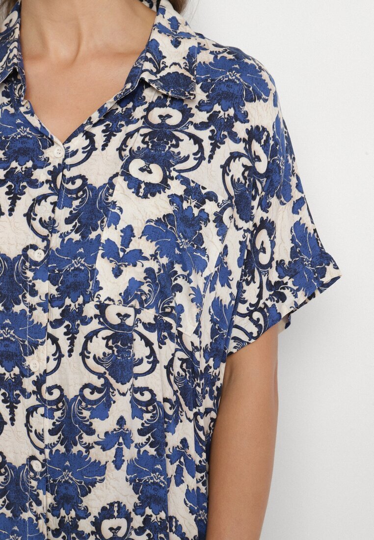 cflo Rochie tip cămașă dreaptă bleumarin din Viscoză cu Imprimeu Ornamental Vanisse