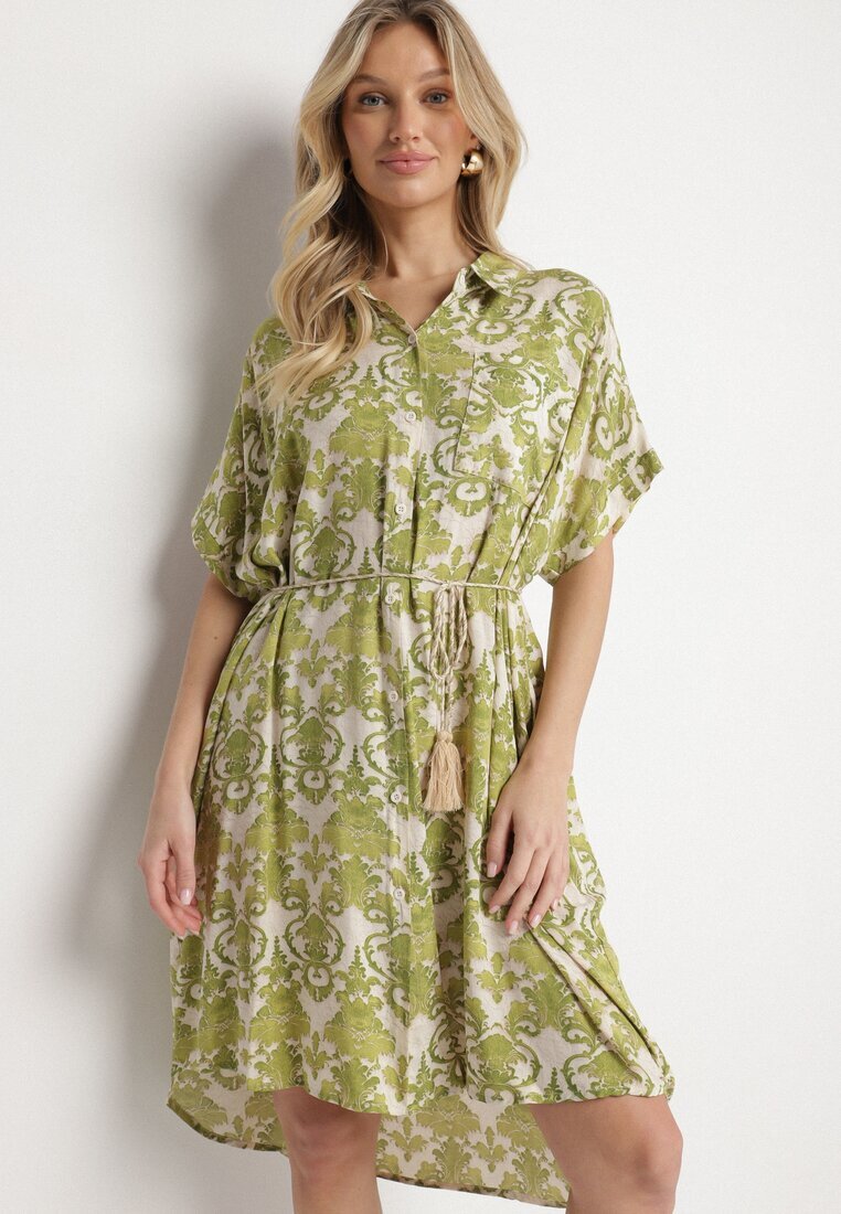 cflo Rochie tip cămașă dreaptă verde închis din viscoză cu imprimeu ornamental Vanisse