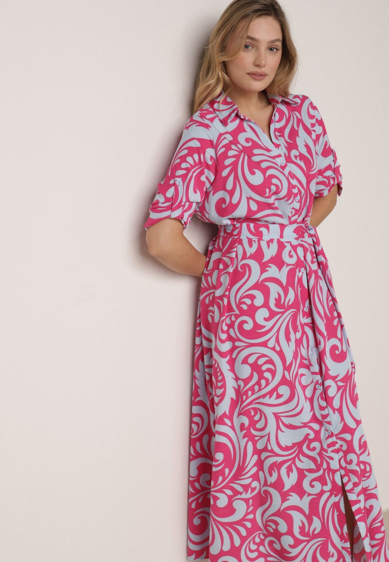 cflo Rochie tip cămașă Fucsia-Albastră Maxi cu cordon din material cu modele abstracte Terins