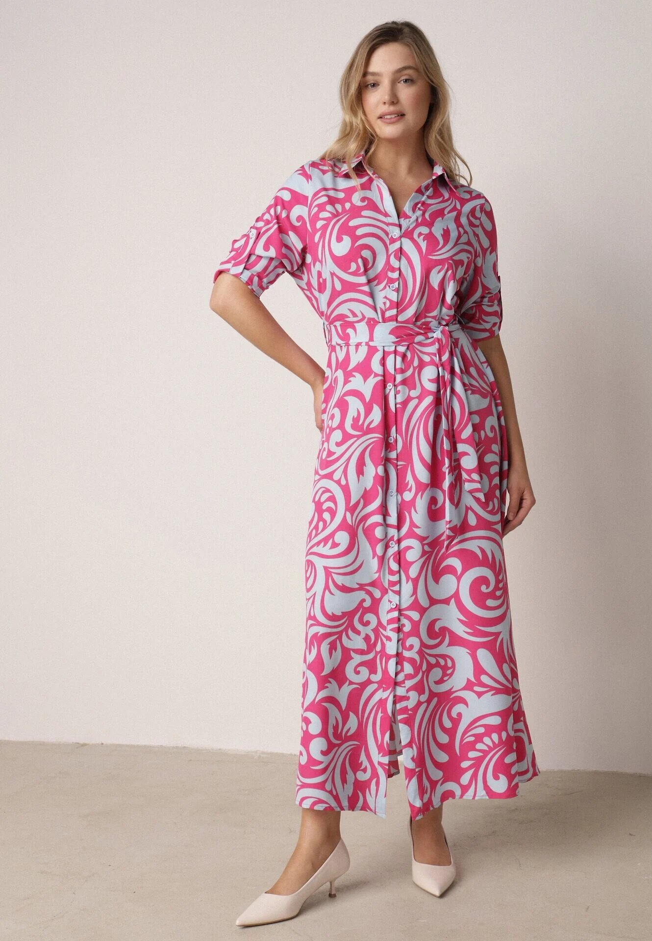 cflo Rochie tip cămașă Fucsia-Albastră Maxi cu cordon din material cu modele abstracte Terins