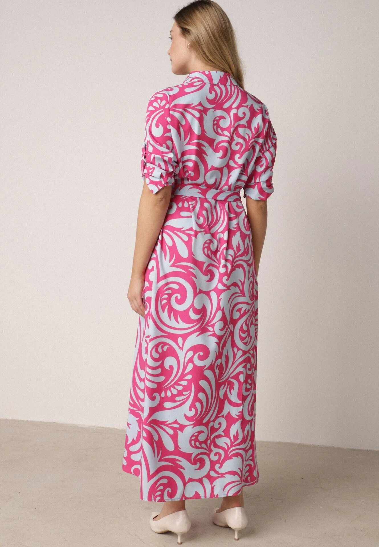 cflo Rochie tip cămașă Fucsia-Albastră Maxi cu cordon din material cu modele abstracte Terins