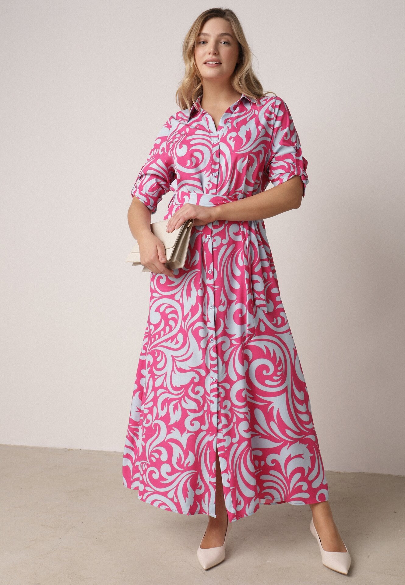 cflo Rochie tip cămașă Fucsia-Albastră Maxi cu cordon din material cu modele abstracte Terins