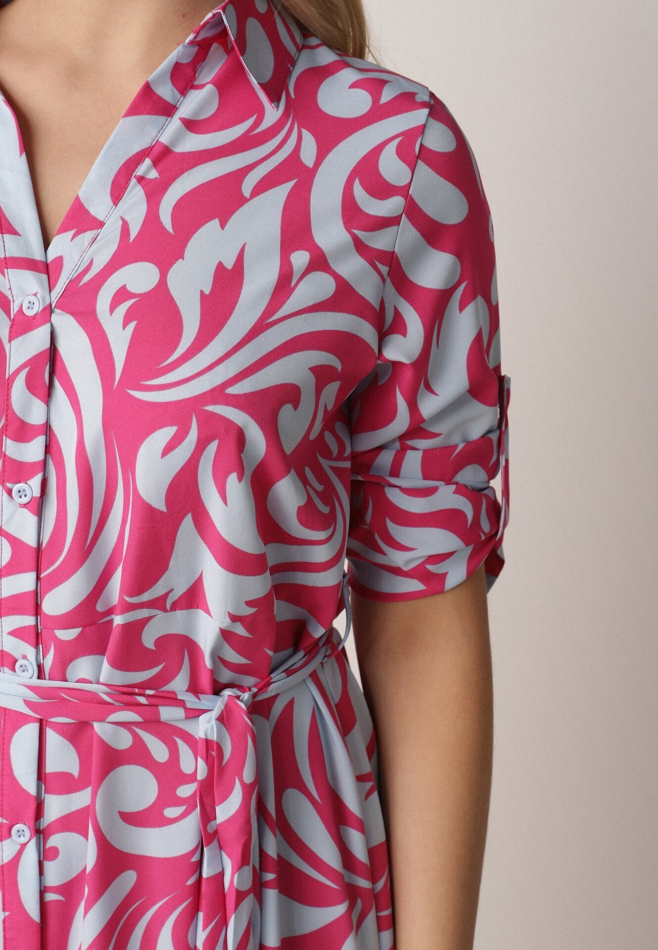 cflo Rochie tip cămașă Fucsia-Albastră Maxi cu cordon din material cu modele abstracte Terins