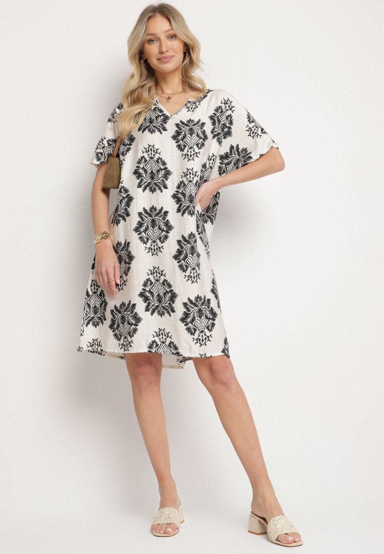 cflo Rochie Tip Cutie Neagră din Viscoză Decorată cu Model Geometric Emilavie