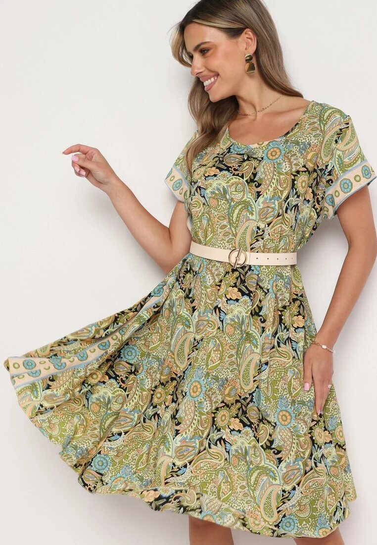 cflo Rochie Vâscoză Galben-Verde Croi Cloș Stil Boho Melnea