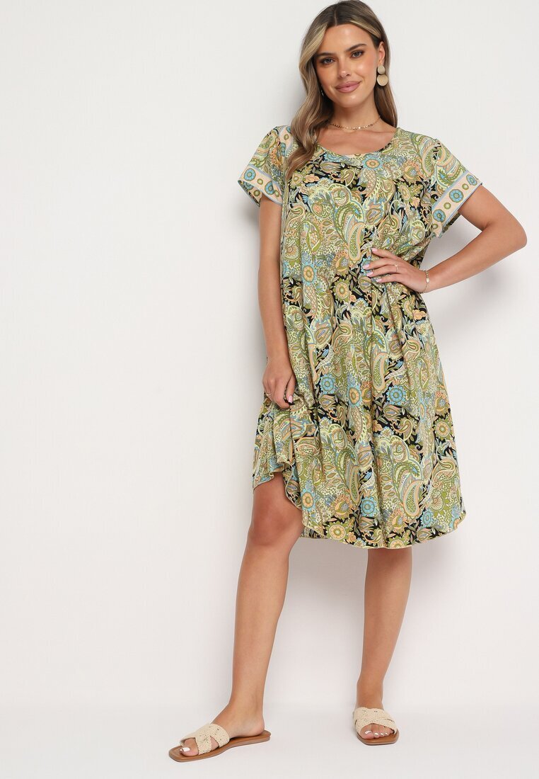 cflo Rochie Vâscoză Galben-Verde Croi Cloș Stil Boho Melnea