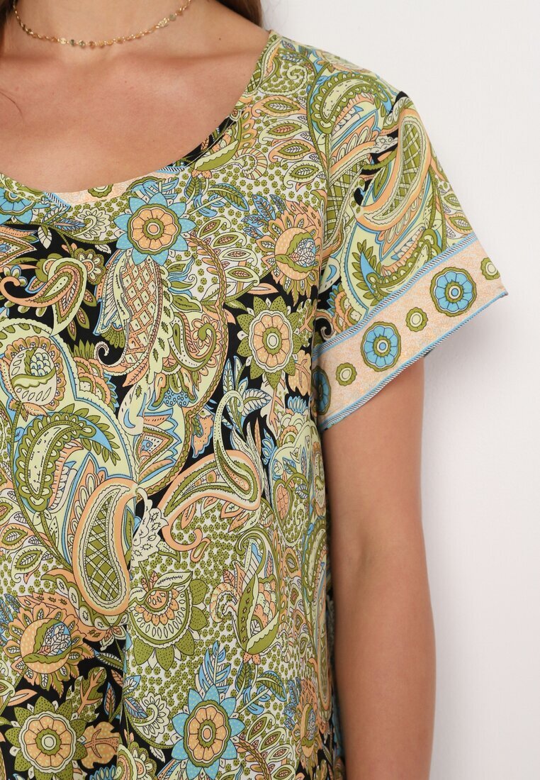 cflo Rochie Vâscoză Galben-Verde Croi Cloș Stil Boho Melnea