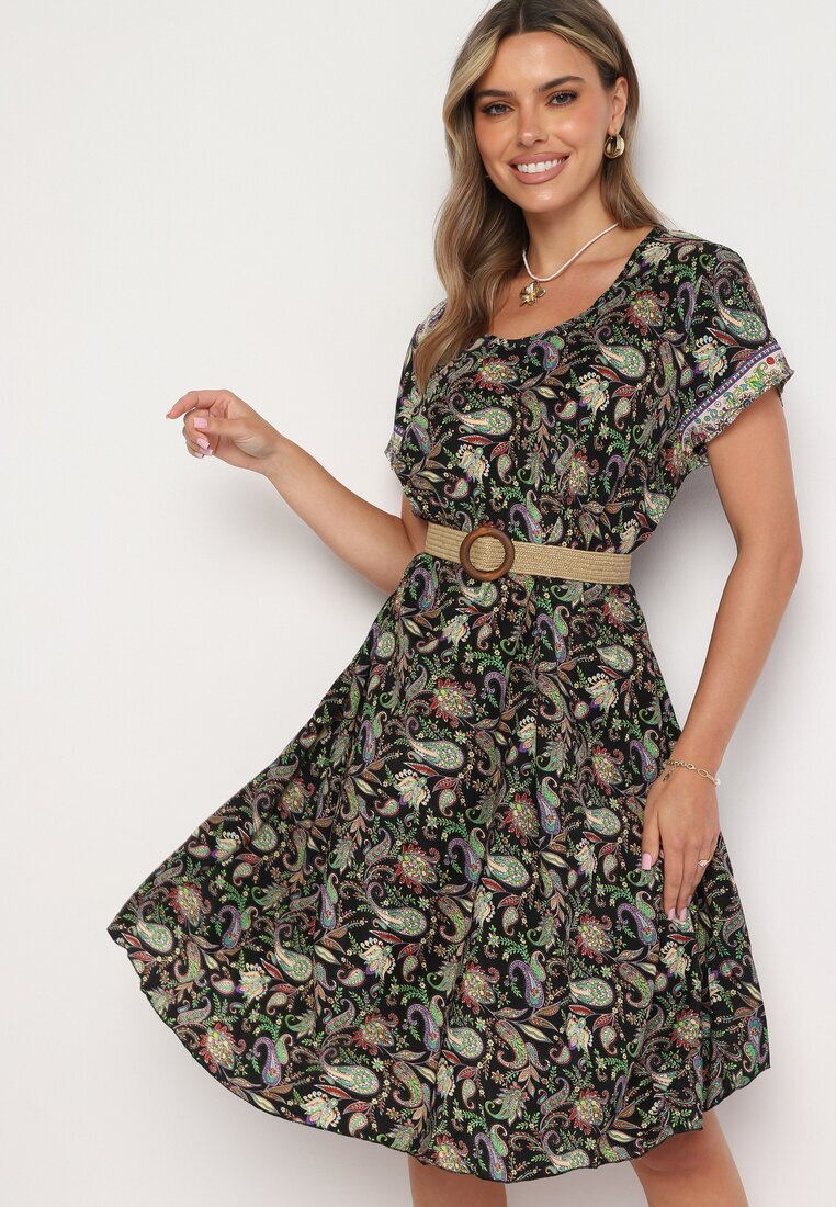 cflo Rochie Vâscoză Negru-Verde Cloș cu Model Paisley Mastis