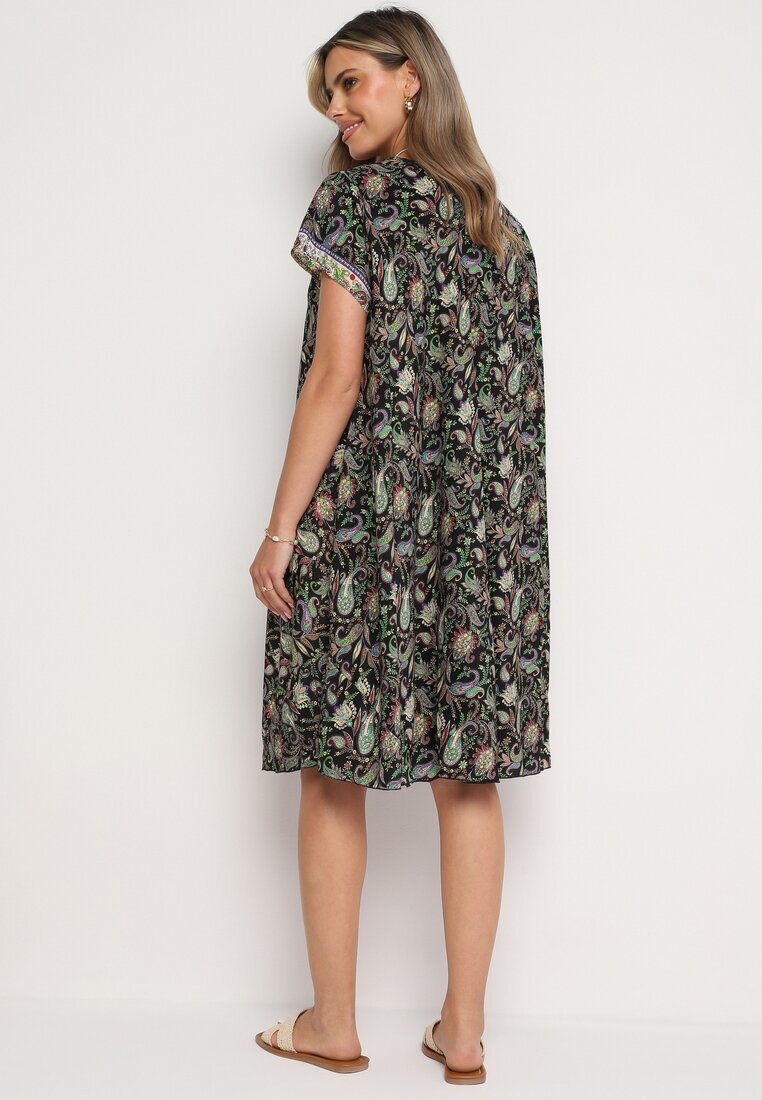 cflo Rochie Vâscoză Negru-Verde Cloș cu Model Paisley Mastis