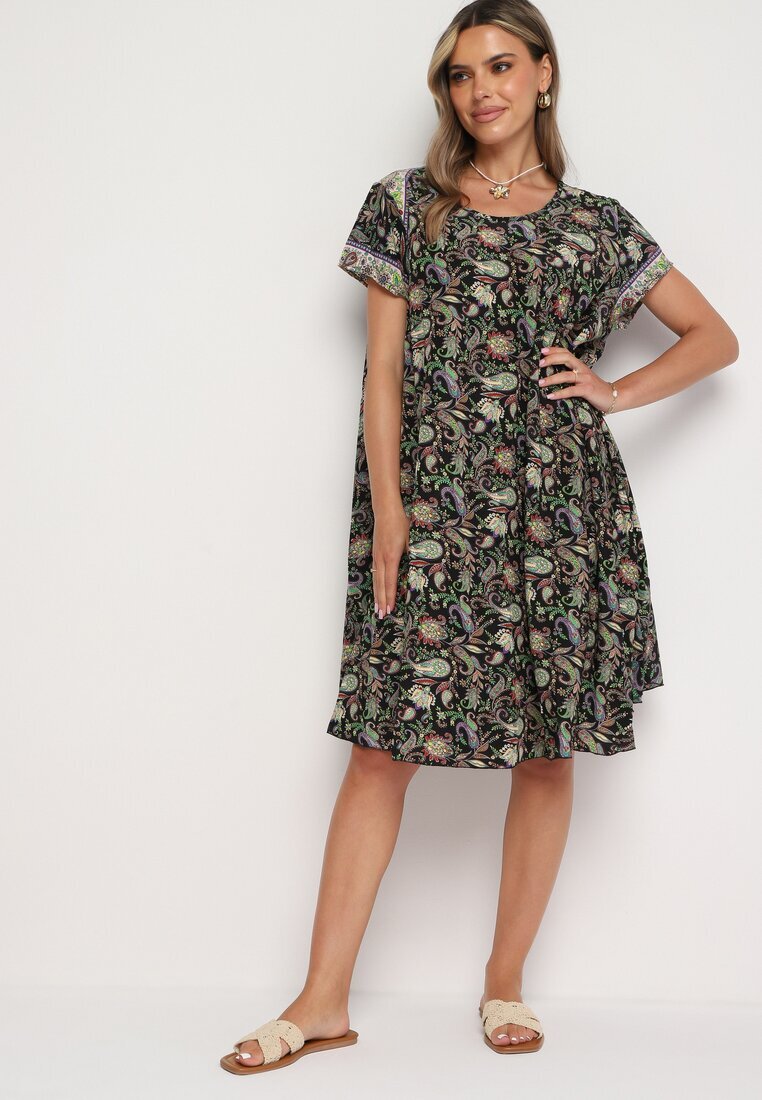 cflo Rochie Vâscoză Negru-Verde Cloș cu Model Paisley Mastis