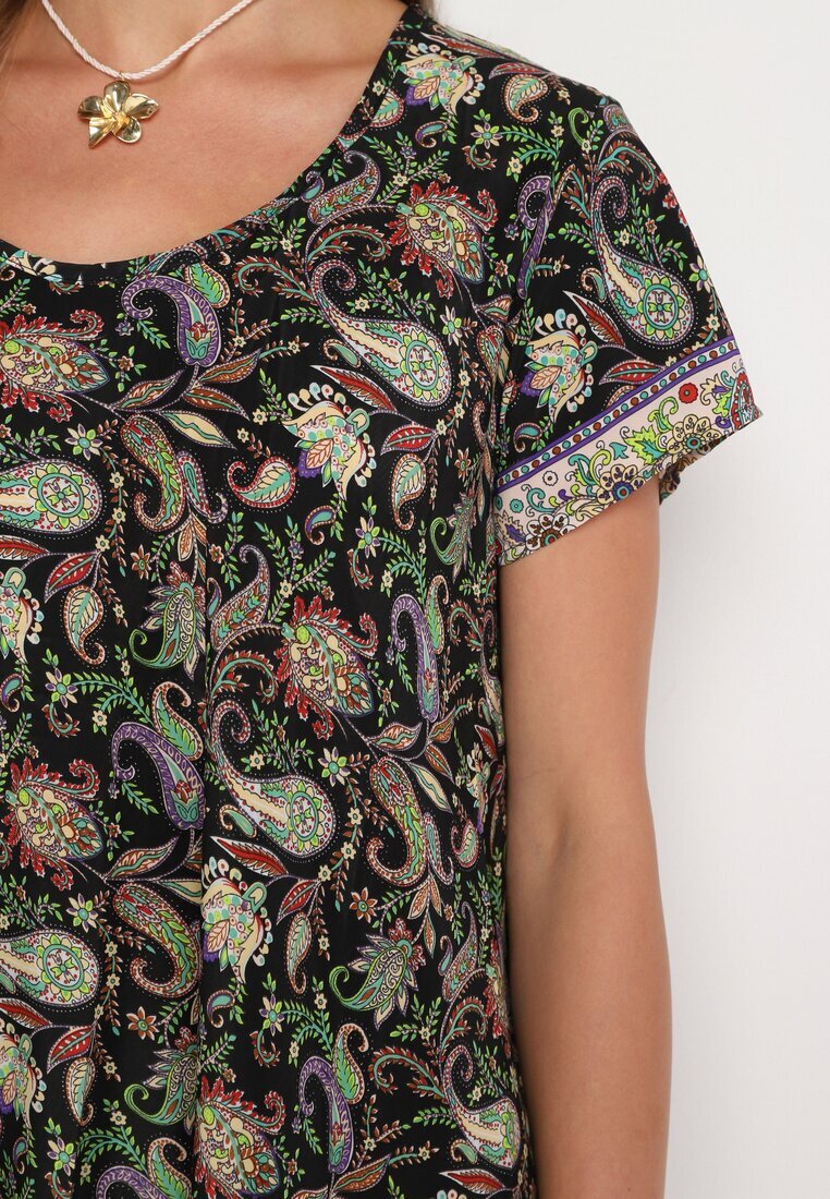 cflo Rochie Vâscoză Negru-Verde Cloș cu Model Paisley Mastis