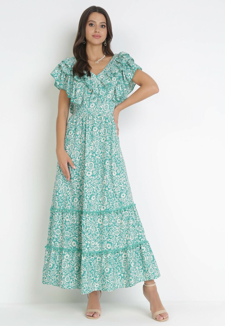 cflo Rochie Verde Cloș Maxi cu Decolteu Decorativ și Elastic în Talie din Viscoză Adyni