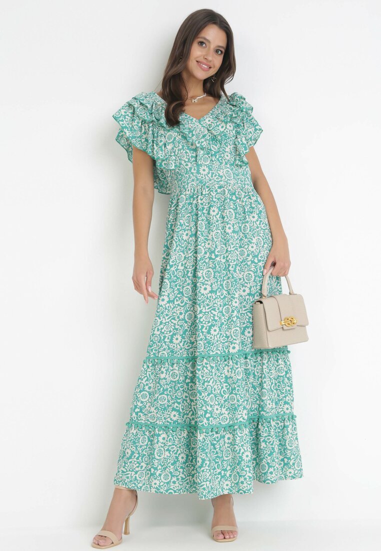 cflo Rochie Verde Cloș Maxi cu Decolteu Decorativ și Elastic în Talie din Viscoză Adyni