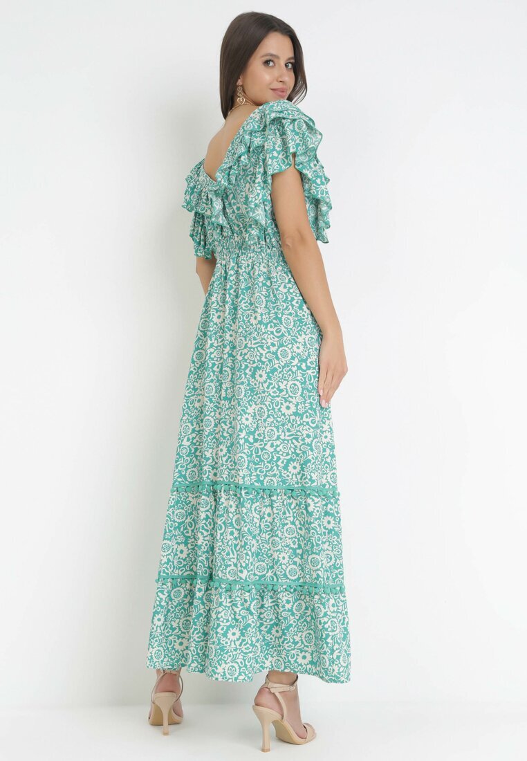 cflo Rochie Verde Cloș Maxi cu Decolteu Decorativ și Elastic în Talie din Viscoză Adyni