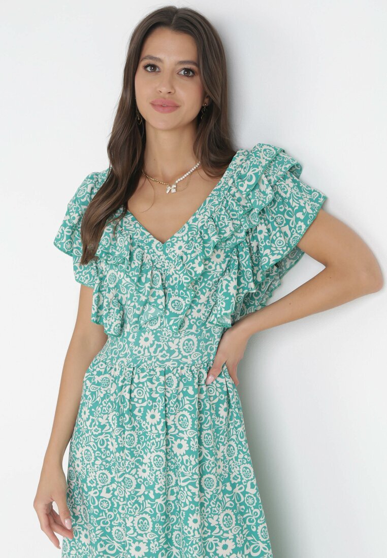 cflo Rochie Verde Cloș Maxi cu Decolteu Decorativ și Elastic în Talie din Viscoză Adyni