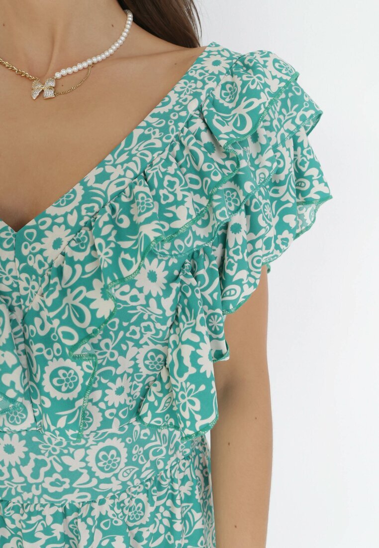cflo Rochie Verde Cloș Maxi cu Decolteu Decorativ și Elastic în Talie din Viscoză Adyni