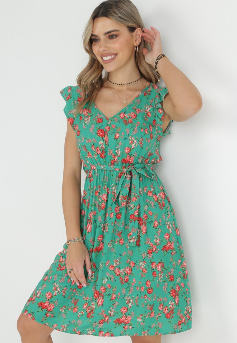 cflo Rochie Verde cu elastic în talie din viscoză cu flori Chrysa