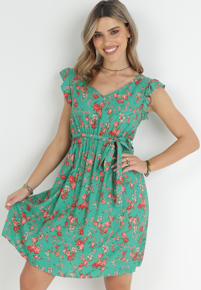 cflo Rochie Verde cu elastic în talie din viscoză cu flori Chrysa