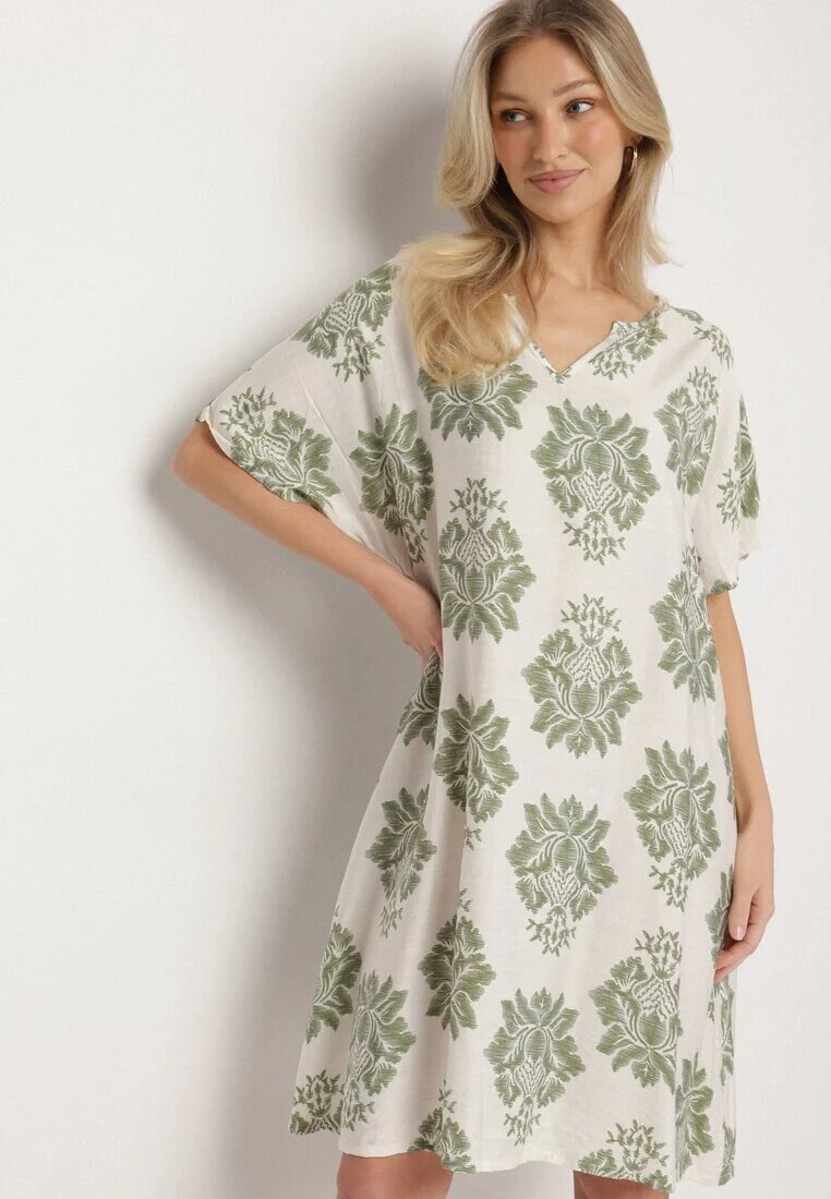 cflo Rochie Verde Dreaptă din Viscoză Decorată cu Model Geometric Emilavie