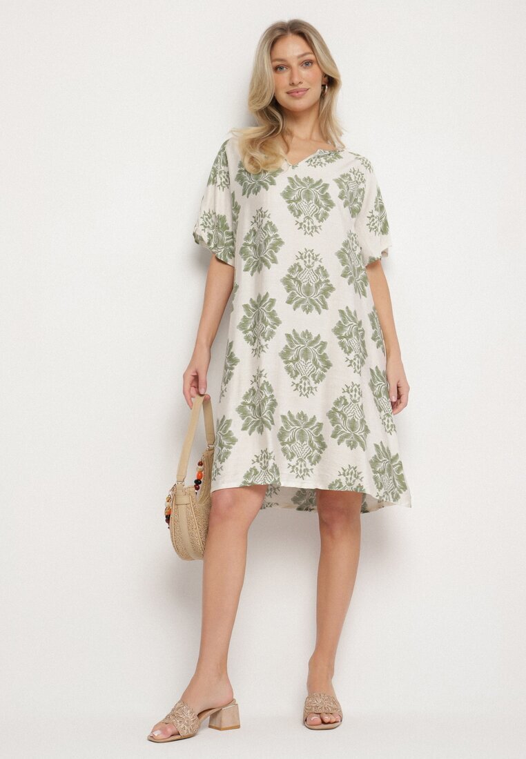 cflo Rochie Verde Dreaptă din Viscoză Decorată cu Model Geometric Emilavie