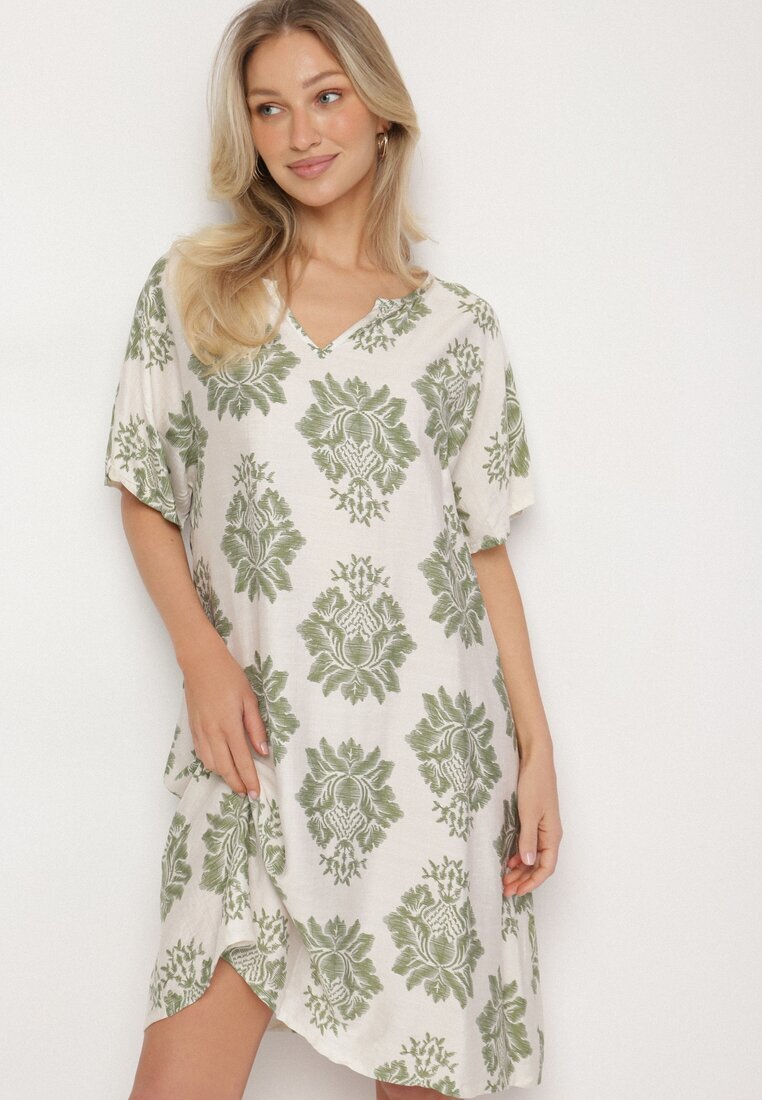 cflo Rochie Verde Dreaptă din Viscoză Decorată cu Model Geometric Emilavie