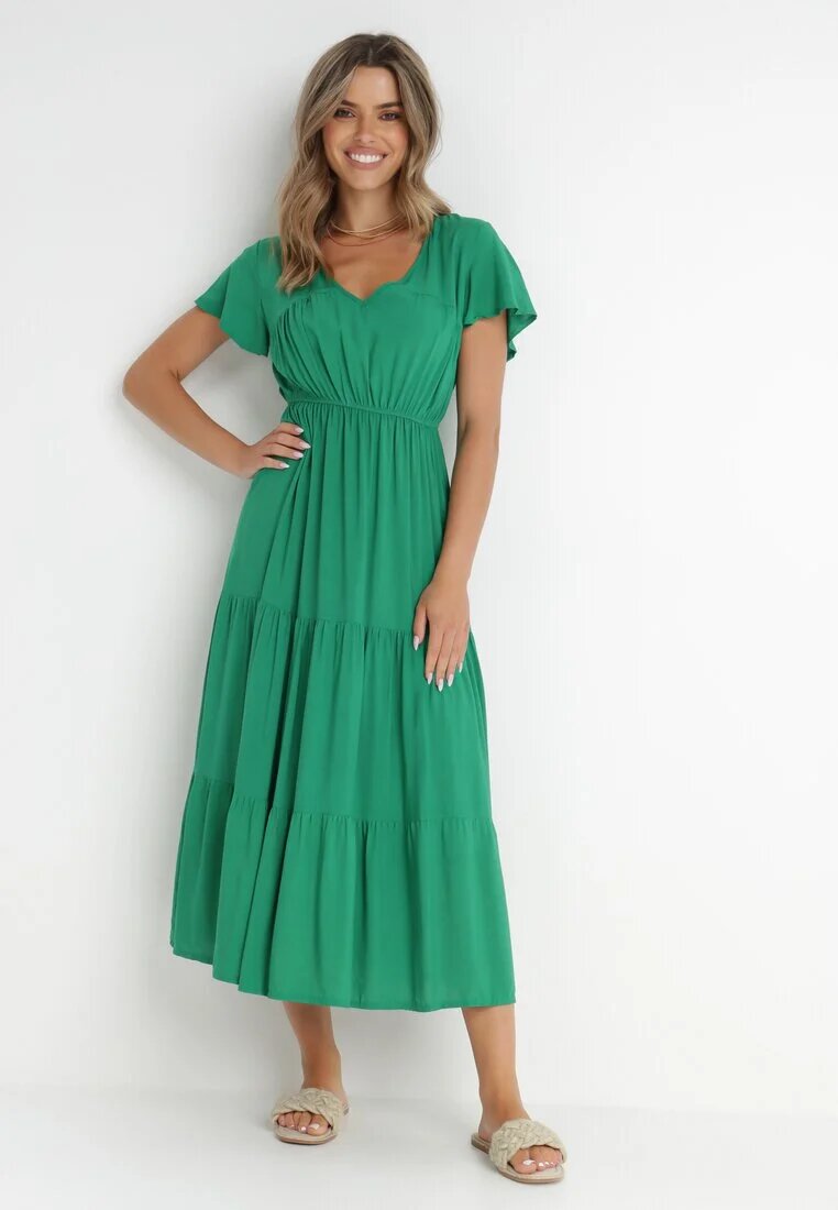 cflo Rochie Verde evazată din Vâscoză stil Folky
