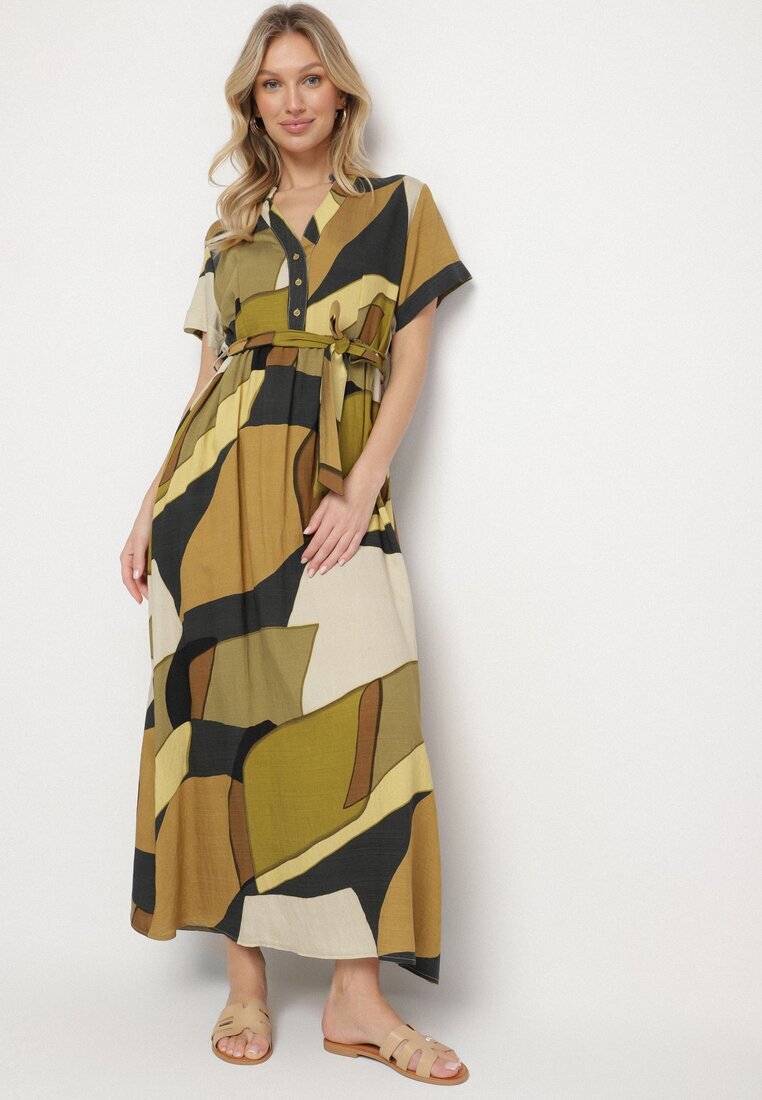 cflo Rochie Verde Evazată din Viscoză cu Model Geometric cu Curea Ranislla