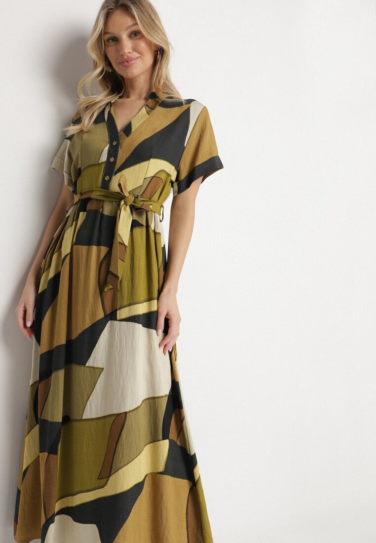 cflo Rochie Verde Evazată din Viscoză cu Model Geometric cu Curea Ranislla