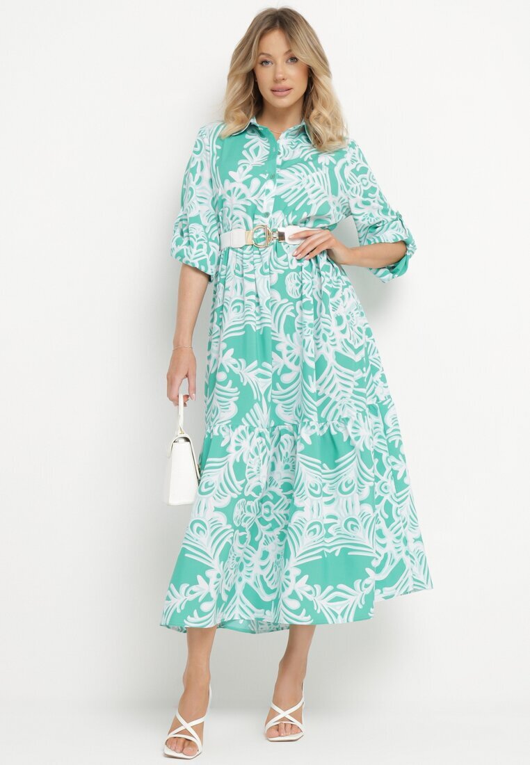 cflo Rochie Verde Lungă Cloș cu model ornamental cu volănaș Ariantise