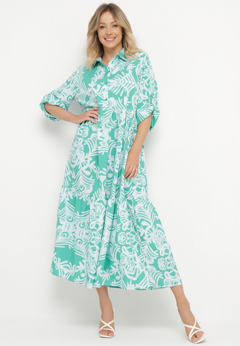 cflo Rochie Verde Lungă Cloș cu model ornamental cu volănaș Ariantise