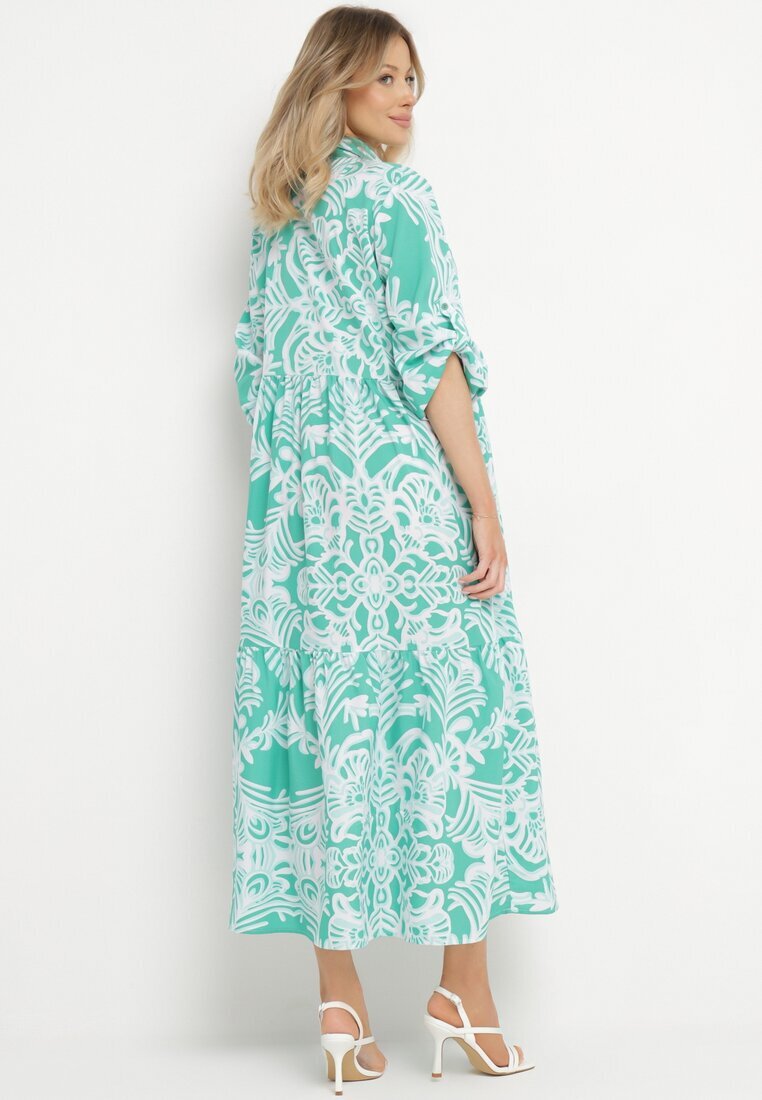 cflo Rochie Verde Lungă Cloș cu model ornamental cu volănaș Ariantise