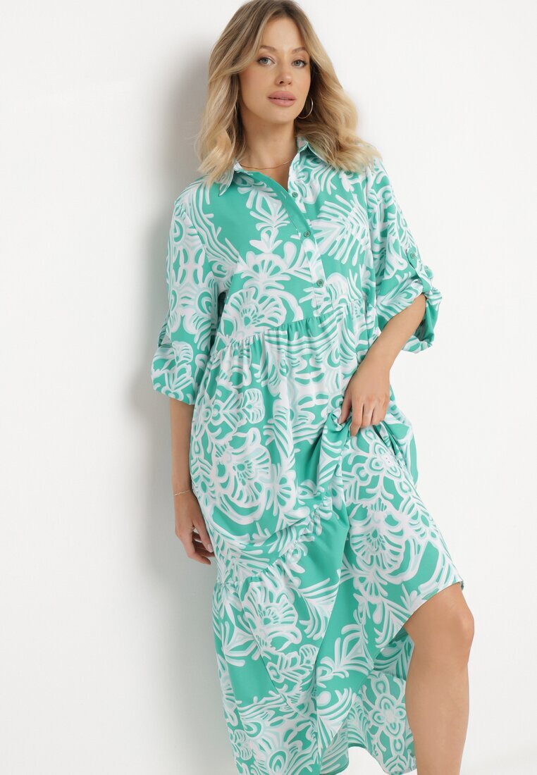 cflo Rochie Verde Lungă Cloș cu model ornamental cu volănaș Ariantise