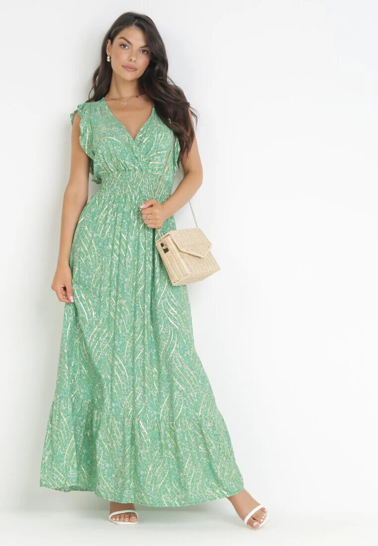 cflo Rochie Verde Maxi din viscoză cu elastic în talie și imprimeu metalic Fianre