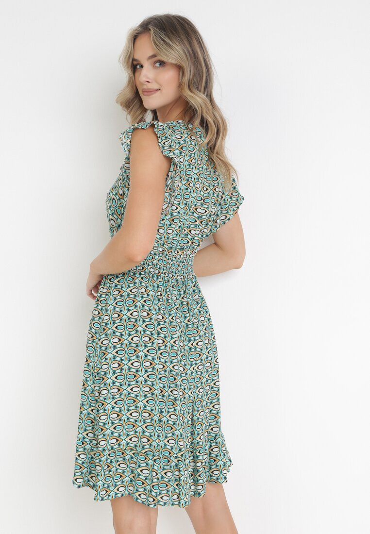 cflo Rochie Verde Mini din Viscoză cu Elastic în Talie și Volane Matthes