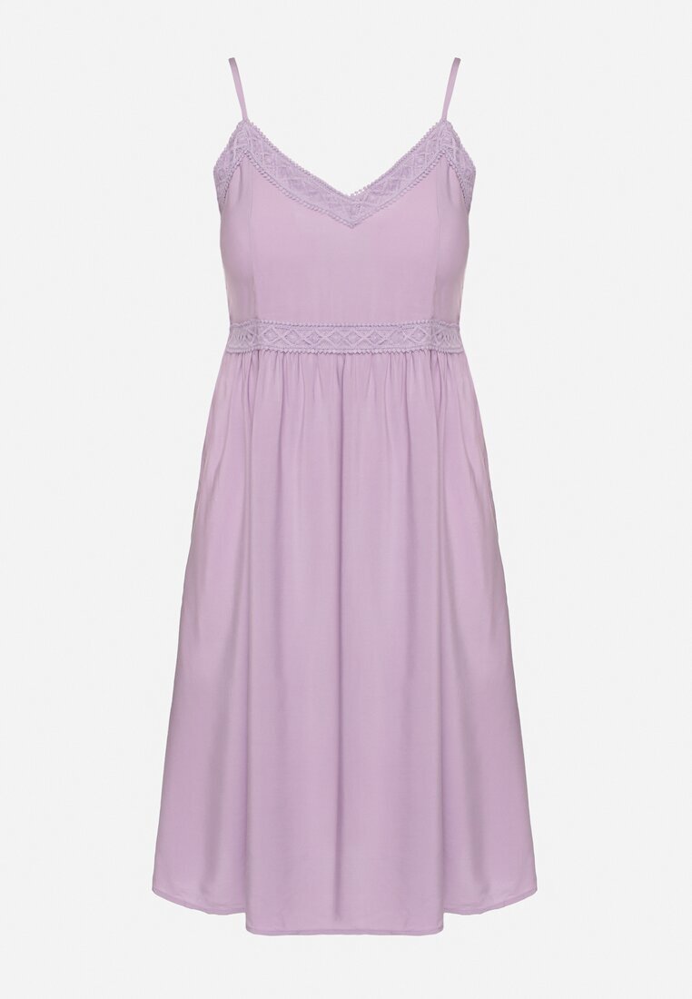 cflo Rochie Violet din Viscoză cu Bretele Subțiri Reglabile Decorată cu Bandă și Broderie Nelrissa