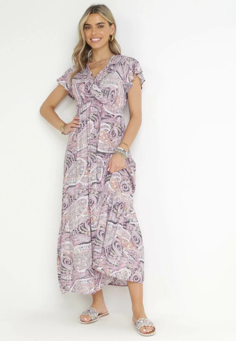 cflo Rochie Violet din Viscoză cu Model Etnic cu Elastic în Talie Munira