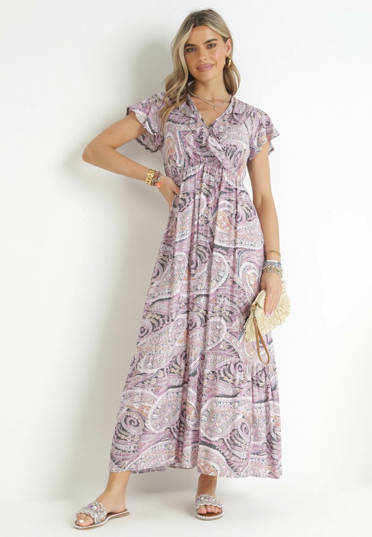 cflo Rochie Violet din Viscoză cu Model Etnic cu Elastic în Talie Munira