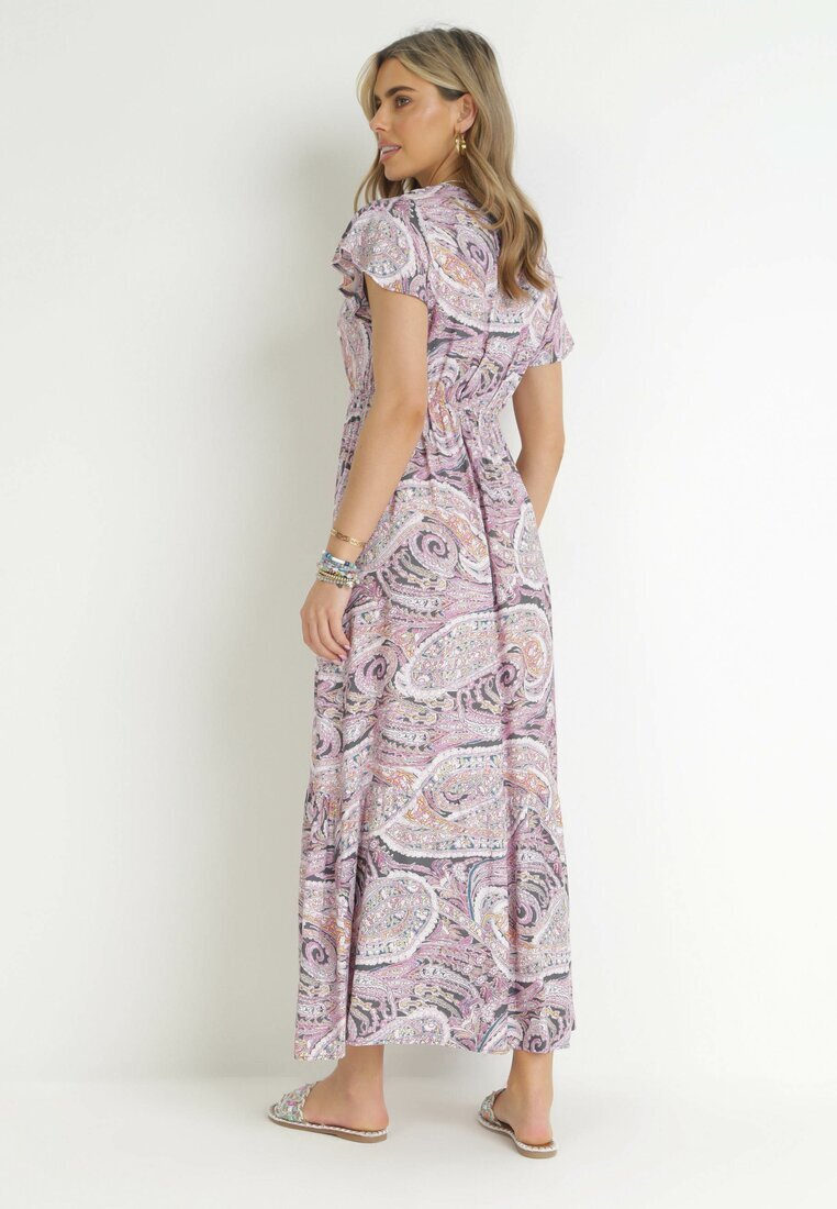cflo Rochie Violet din Viscoză cu Model Etnic cu Elastic în Talie Munira