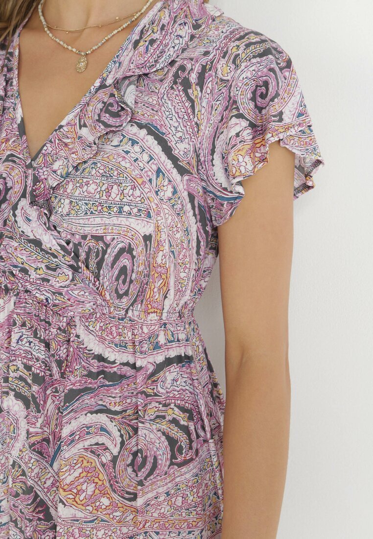 cflo Rochie Violet din Viscoză cu Model Etnic cu Elastic în Talie Munira