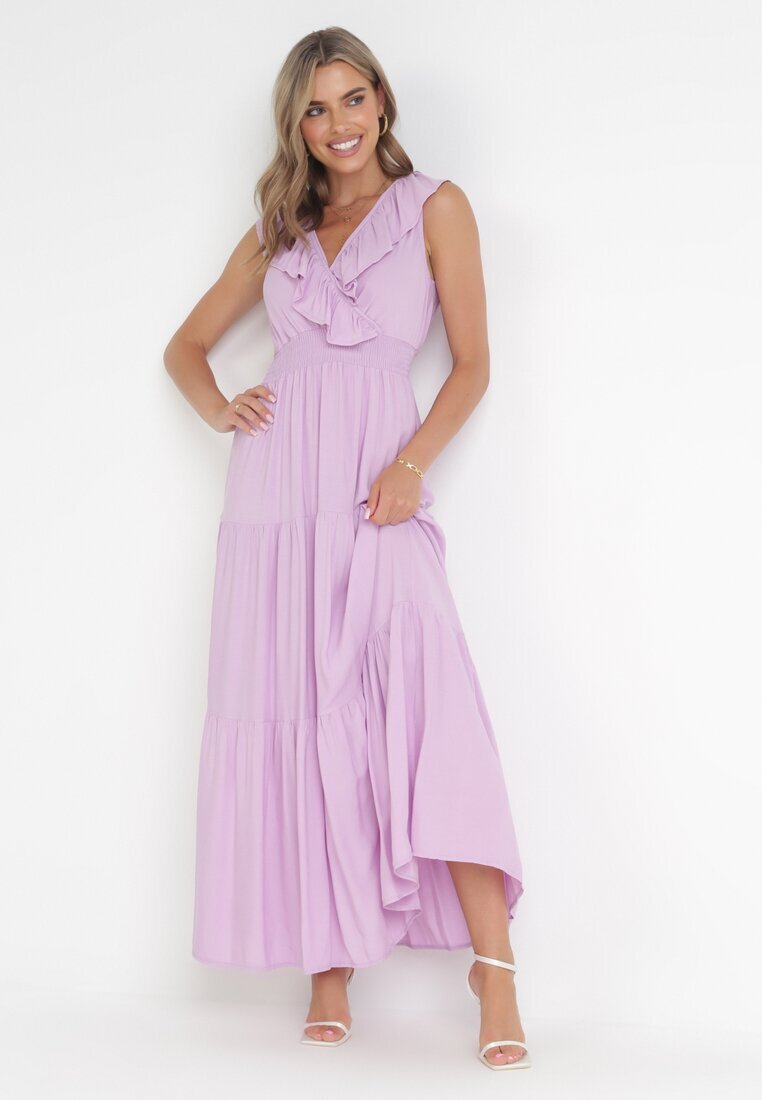 cflo Rochie Violet Maxi cu elastic încrețit în talie și legătură la spate Vaida