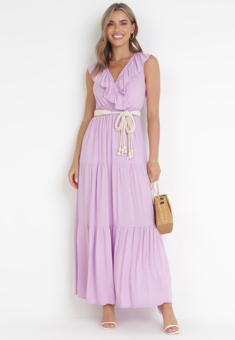 cflo Rochie Violet Maxi cu elastic încrețit în talie și legătură la spate Vaida