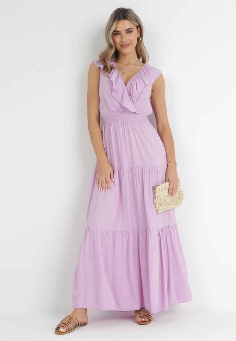 cflo Rochie Violet Maxi cu elastic încrețit în talie și legătură la spate Vaida