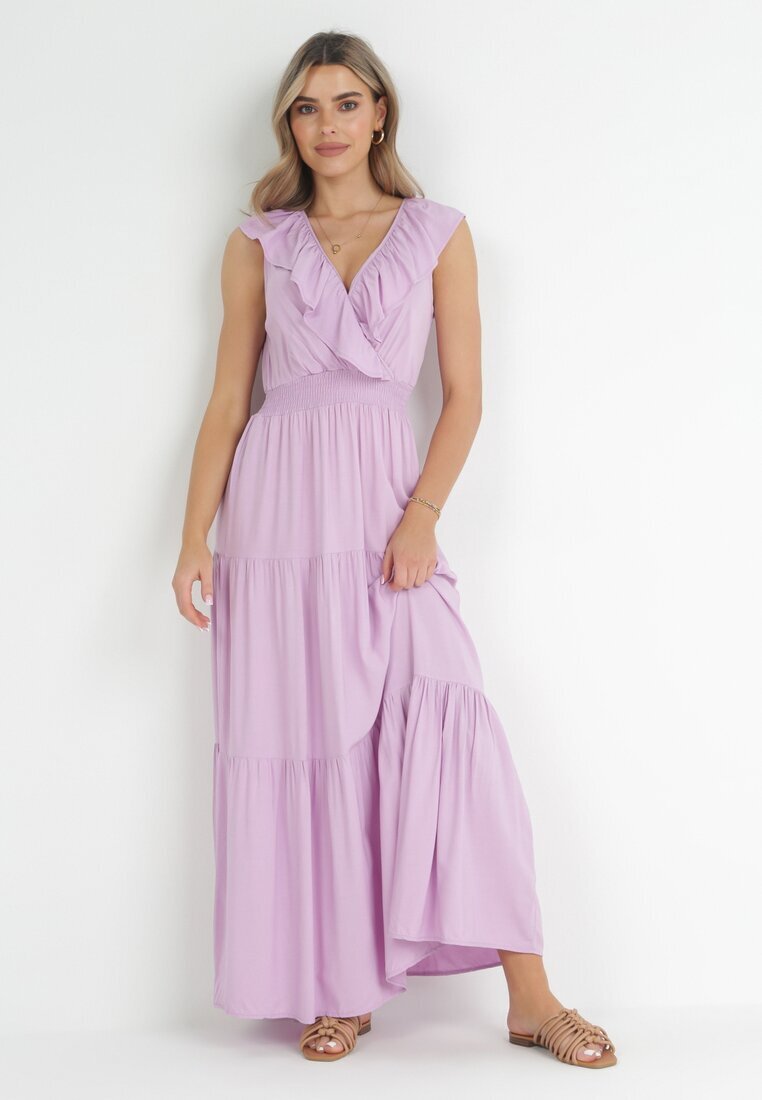 cflo Rochie Violet Maxi cu elastic încrețit în talie și legătură la spate Vaida