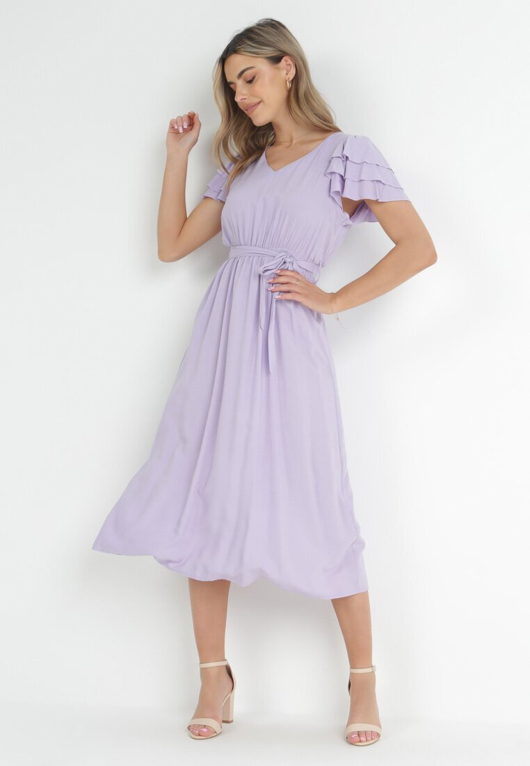 cflo Rochie Violetă Midi din Viscoză cu Elastic în Talie și Curea Textilă Aricia