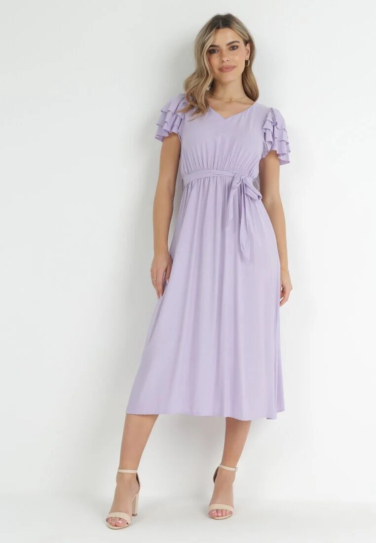 cflo Rochie Violetă Midi din Viscoză cu Elastic în Talie și Curea Textilă Aricia