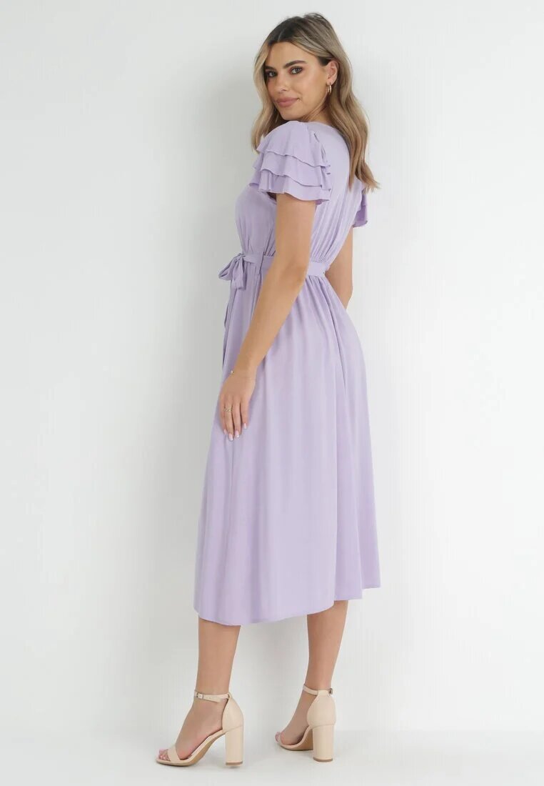 cflo Rochie Violetă Midi din Viscoză cu Elastic în Talie și Curea Textilă Aricia